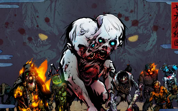 5K Ultra HD PC wallpaper from the video game Yaiba: Ninja Gaiden Z — a grotesque two-headed zombie leads a horde of mutated, glowing-eyed monsters against a blood-splattered backdrop.