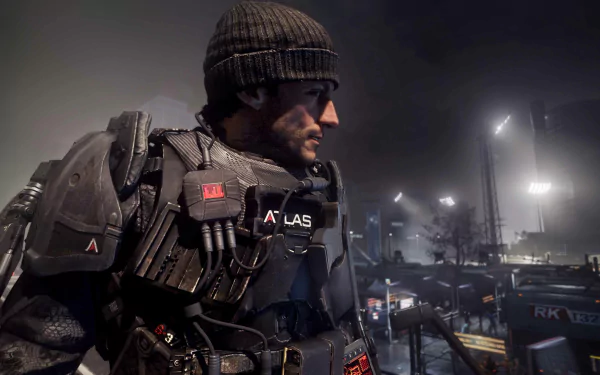 A soldier in advanced armor from the video game Call of Duty: Advanced Warfare stands in a gritty urban environment, showcasing a detailed 4K Ultra HD background.
