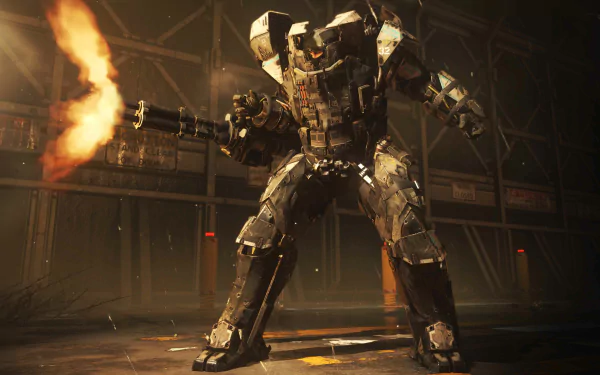 HD wallpaper of a mecha firing a weapon in the video game Call of Duty: Advanced Warfare. The scene is set in a dimly lit industrial environment, emphasizing the game's intense and futuristic combat.