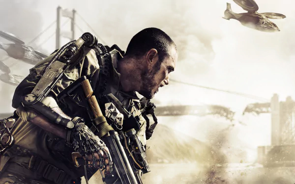 A soldier in advanced tactical gear stands ready in a dramatic landscape, capturing the intense action of Call of Duty: Advanced Warfare in this HD desktop wallpaper.