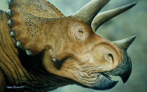 Close-up 4K Ultra HD PC desktop wallpaper of a detailed triceratops head showcasing textured skin and prominent horns against a soft green background.