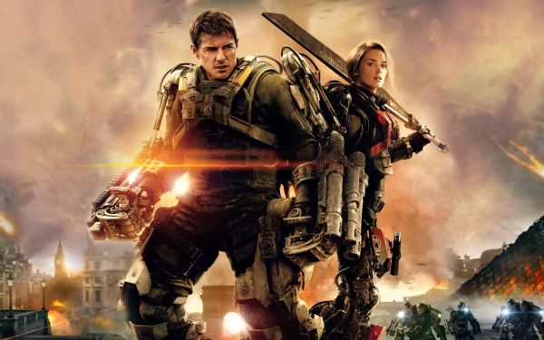 HD desktop wallpaper featuring Tom Cruise and Emily Blunt in combat gear from the movie Edge of Tomorrow, set against a dramatic, fiery battlefield background.