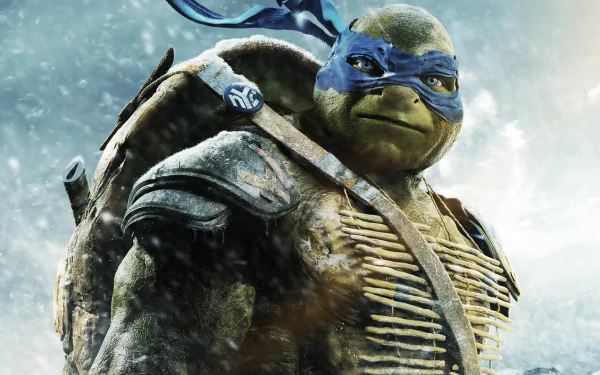 Leonardo from Teenage Mutant Ninja Turtles stands confidently, showcasing his blue mask and weaponry in a dramatic scene from the 2014 movie, set against a dynamic backdrop.