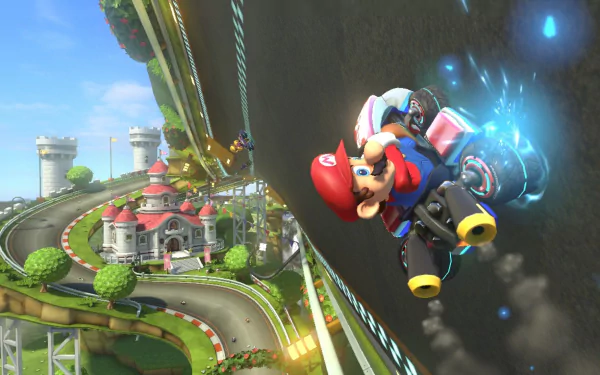 A dynamic HD desktop wallpaper featuring Mario racing in Mario Kart 8, skillfully maneuvering on a twisting track alongside a vibrant landscape with iconic scenery.