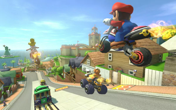 HD desktop wallpaper of Mario Kart 8 featuring Mario racing through a vibrant track.