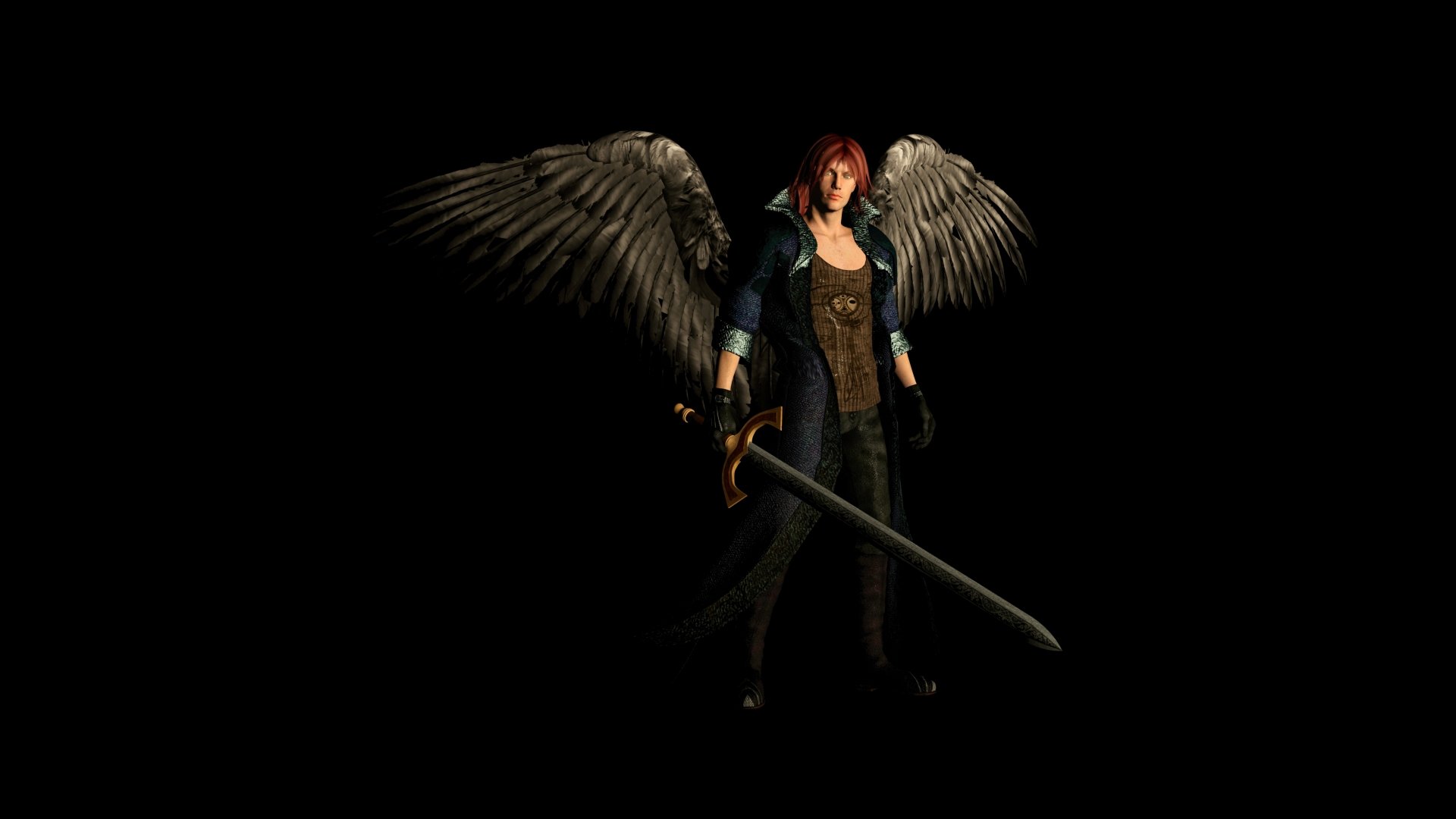 Fantasy-themed 8K Ultra HD wallpaper featuring a fierce angel warrior with dark wings, red hair, and a large sword against a black background.