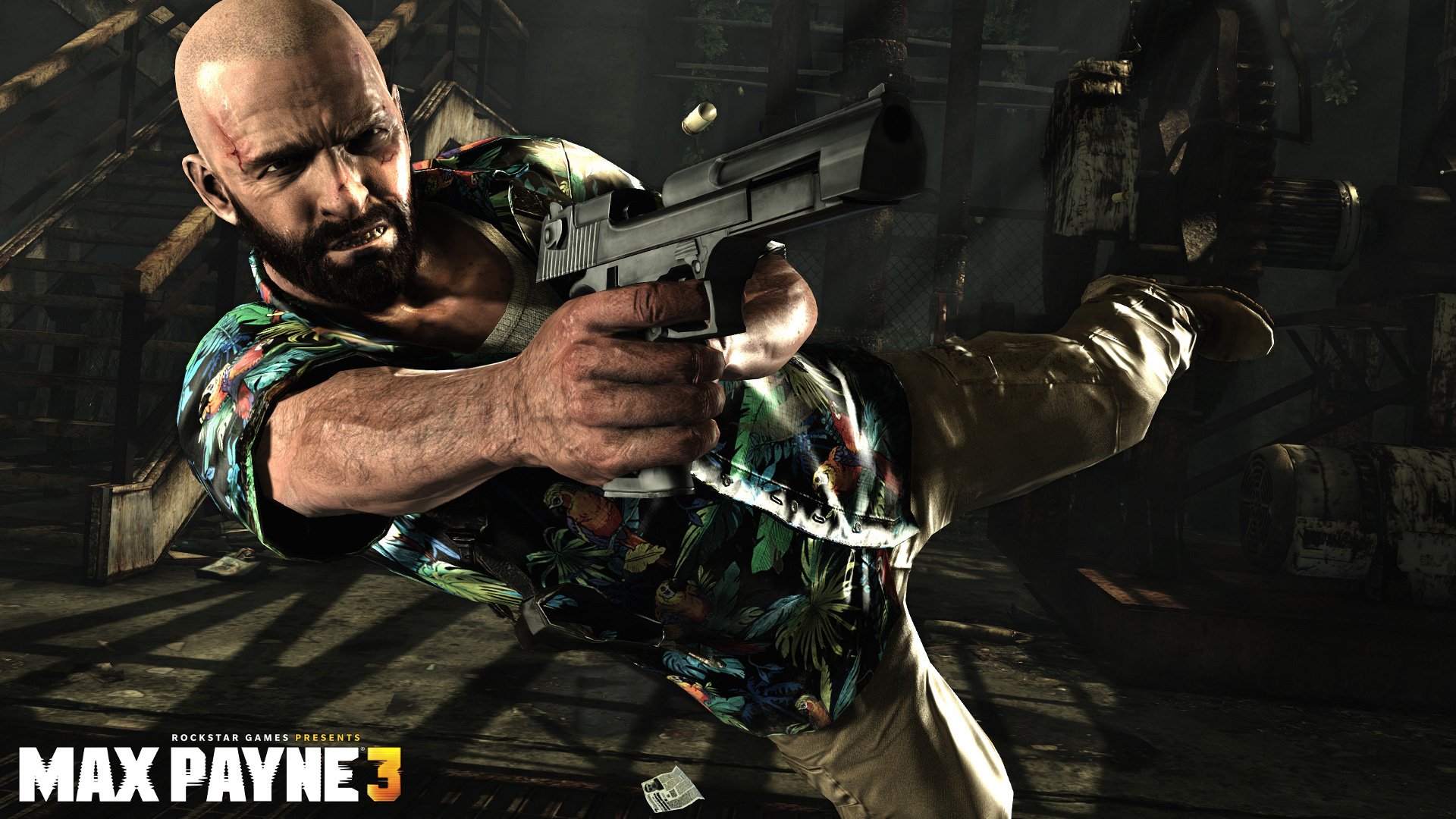 HD PC desktop wallpaper from the video game Max Payne 3, showcasing a bald man in a colorful shirt firing a handgun mid-air in a dark, action-packed scene.