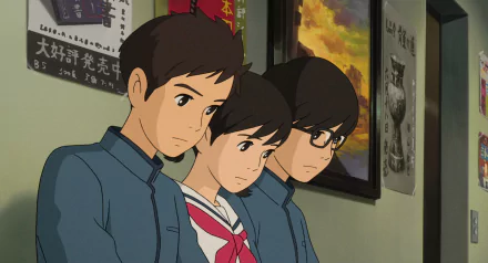 HD wallpaper from From Up On Poppy Hill featuring three animated characters in school uniforms against a poster-covered wall.