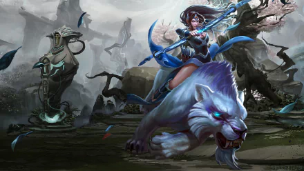 Mirana from Dota 2 rides a fierce white tiger, wielding a blue spear, set against a mystical landscape, creating an engaging HD desktop wallpaper for fans of the game.