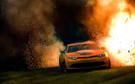 A stunning HD desktop wallpaper from Transformers: Age of Extinction, featuring a vibrant orange sports car speeding away from an explosive background.