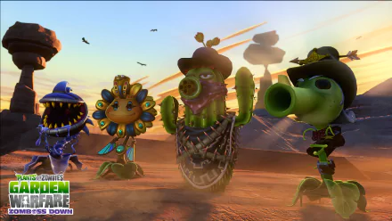 The HD desktop wallpaper and background features characters from Plants vs. Zombies: Garden Warfare: Sunflower, Cactus, Chomper, and Peashooter, set against a scenic desert background.