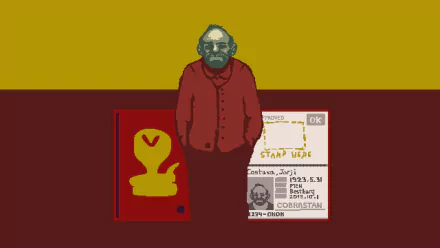 HD desktop wallpaper of Jorji Costava from Papers, Please, standing by his passport and stamp.