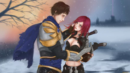 Katarina and Garen from League of Legends share an intense moment in this HD wallpaper, featuring a snowy landscape and dynamic poses that reflect their gaming backgrounds.