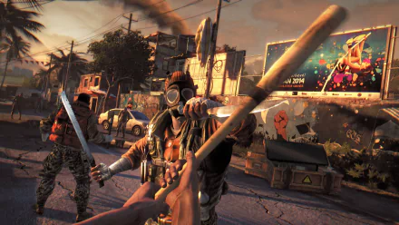 4K Ultra HD PC desktop wallpaper/background: first-person action from the video game Dying Light — survivor wielding a wooden bat against a gas-masked attacker in a ruined urban street.