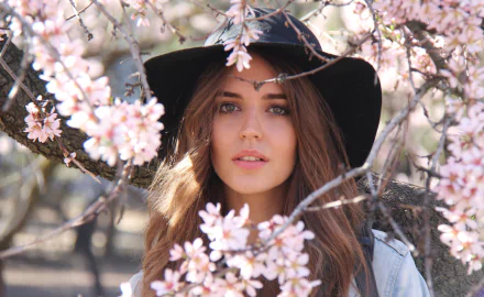 HD PC desktop wallpaper featuring Clara Alonso, a woman with long hair wearing a black hat, surrounded by blooming pink cherry blossoms.