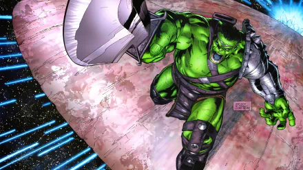 HD comic-style desktop wallpaper featuring the Hulk in action from World War Hulk, showcasing his fierce strength and iconic green form in a dynamic space battle scene.