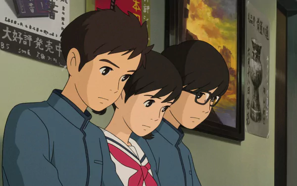 HD wallpaper from From Up On Poppy Hill featuring three animated characters in school uniforms against a poster-covered wall.