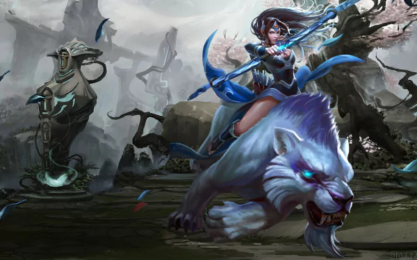 Mirana from Dota 2 rides a fierce white tiger, wielding a blue spear, set against a mystical landscape, creating an engaging HD desktop wallpaper for fans of the game.