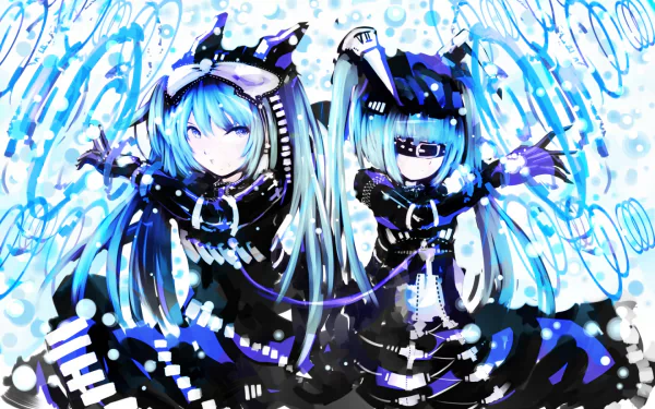 Gothic-themed HD desktop wallpaper featuring two anime-style characters with blue hair, styled as Hatsune Miku from Vocaloid, in intricate outfits with black and blue accents.