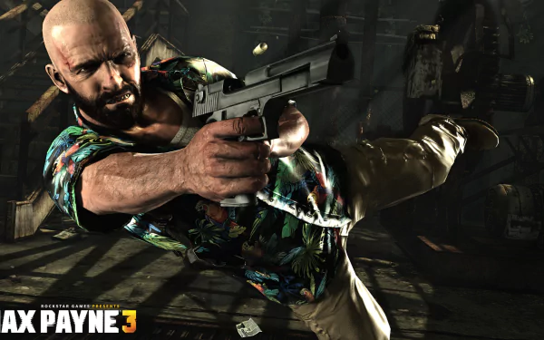 HD PC desktop wallpaper from the video game Max Payne 3, showcasing a bald man in a colorful shirt firing a handgun mid-air in a dark, action-packed scene.