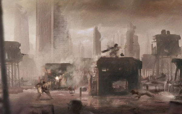 HD PC desktop wallpaper depicting a gritty, war-torn cityscape from the video game Contra III: The Alien Wars, capturing intense combat and destruction.