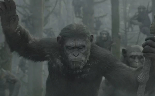 A powerful scene from Dawn of the Planet of the Apes, featuring a group of apes in a misty forest, showcasing their strength and unity in a gripping cinematic moment.