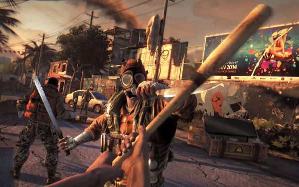 4K Ultra HD PC desktop wallpaper/background: first-person action from the video game Dying Light — survivor wielding a wooden bat against a gas-masked attacker in a ruined urban street.