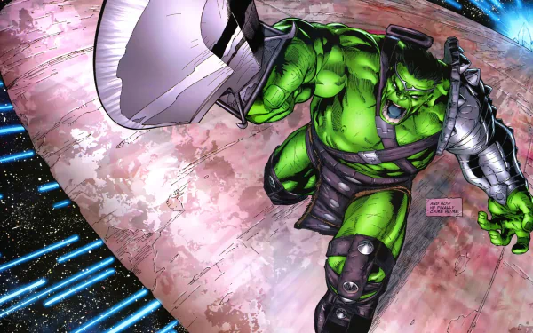 HD comic-style desktop wallpaper featuring the Hulk in action from World War Hulk, showcasing his fierce strength and iconic green form in a dynamic space battle scene.