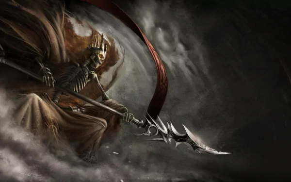 A dark, skeletal warrior wielding a large, menacing scythe, shrouded in swirling shadows, rendered in stunning 4K Ultra HD for a dramatic PC desktop wallpaper.