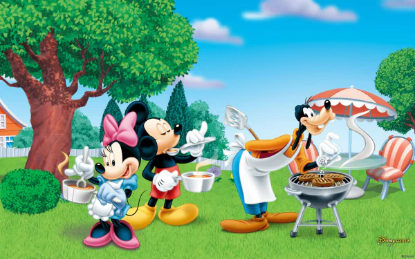 A vibrant Disney HD wallpaper featuring Mickey Mouse, Minnie Mouse, Donald Duck, and Goofy enjoying a cheerful barbecue in a sunny backyard setting.