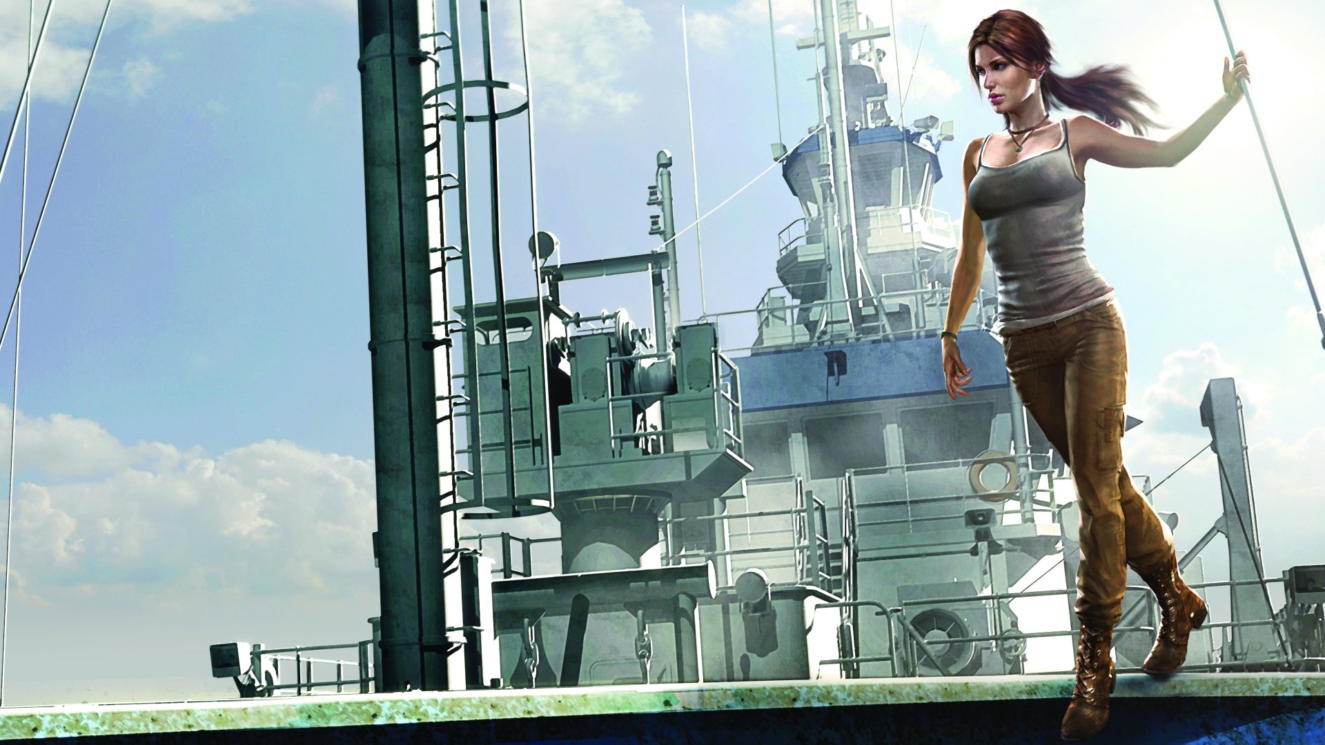 Tomb Raider character standing on the edge of a ship's deck with a clear sky, rendered in 8K Ultra HD for PC desktop wallpaper and background.