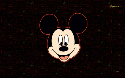 HD desktop wallpaper featuring Mickey Mouse from Disney, showcasing his iconic smiling face against a dark, patterned background.