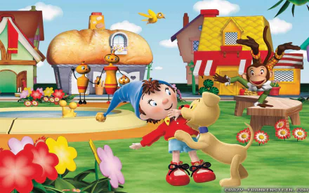 Colorful HD PC desktop wallpaper featuring Noddy from the TV show playing with a dog in a vibrant village setting with houses, flowers, and a monkey in the background.
