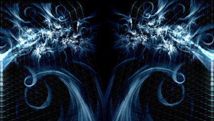 Abstract blue smoke-like patterns swirl symmetrically against a dark textured background, creating a dynamic HD PC desktop wallpaper and background.