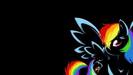 Stylized Rainbow Dash (My Little Pony: Friendship Is Magic) silhouette with neon rainbow mane, tail and wing accents on black background — HD PC desktop wallpaper.