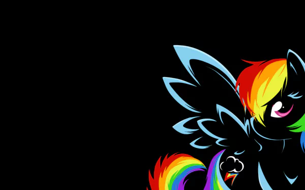Stylized Rainbow Dash (My Little Pony: Friendship Is Magic) silhouette with neon rainbow mane, tail and wing accents on black background — HD PC desktop wallpaper.