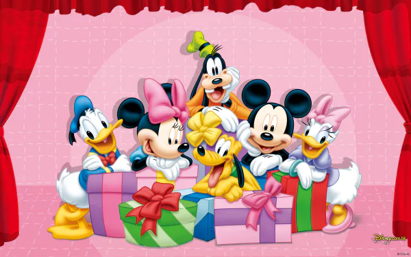 A vibrant HD wallpaper featuring Mickey Mouse and friends celebrating with colorful gifts, set against a festive pink backdrop, capturing the magic of Disney movies.