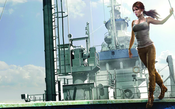 Tomb Raider character standing on the edge of a ship's deck with a clear sky, rendered in 8K Ultra HD for PC desktop wallpaper and background.