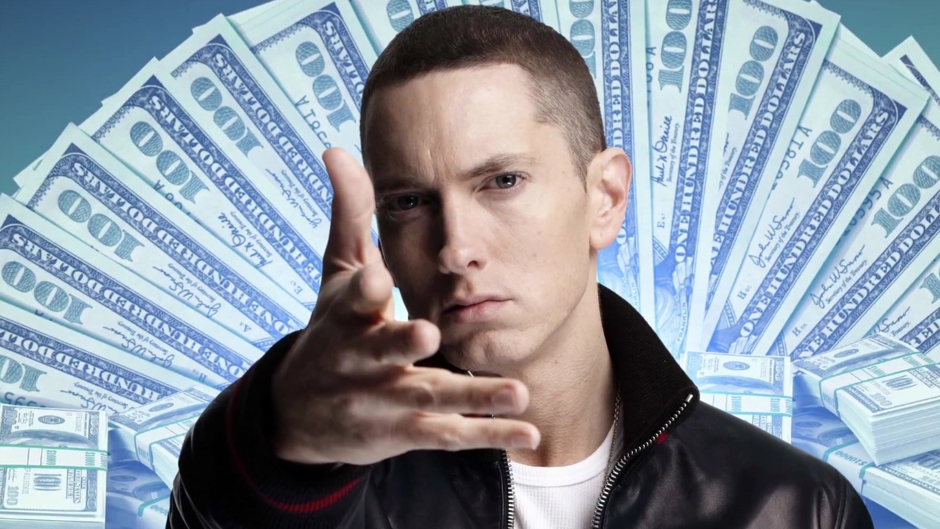 HD wallpaper featuring Eminem with a confident pose, surrounded by a backdrop of fanned-out hundred-dollar bills, capturing the essence of music and success.