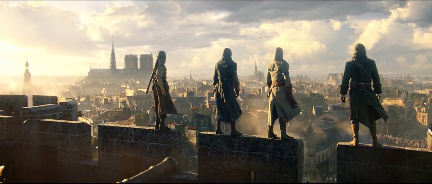 A dramatic HD wallpaper from Assassin's Creed: Unity, featuring three assassins standing atop a city wall, overlooking a sprawling Parisian skyline under a dynamic sky.