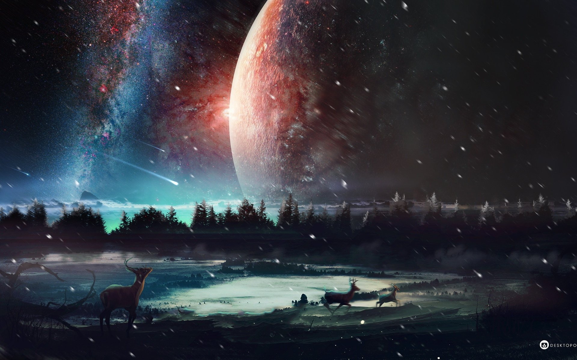 HD PC desktop wallpaper showcasing a sci-fi landscape with a glowing planet, starry sky, and silhouettes of deer by a reflective lake at night.