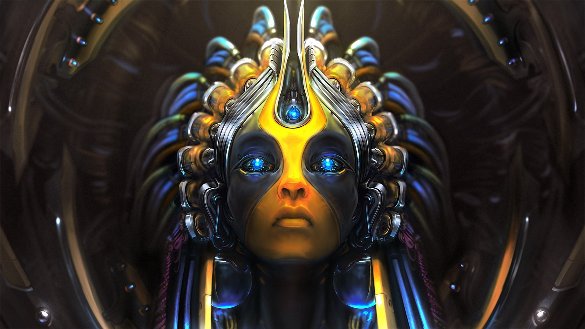 Artistic HD PC desktop wallpaper featuring a futuristic, glowing humanoid figure with intricate metallic headgear and vibrant blue eyes in a detailed sci-fi style.
