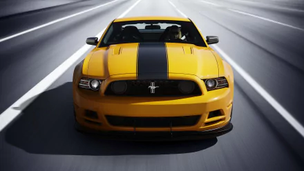 HD desktop wallpaper showcasing a yellow Ford Mustang Shelby with black racing stripes speeding down a multi-lane highway.
