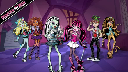 Colorful characters from Monster High: Ghouls Rule pose together in this HD PC desktop wallpaper, showcasing their unique styles in a spooky, vibrant setting.