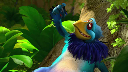 HD PC desktop wallpaper from the movie Dino Time: a colorful blue, feathered, bird-like dinosaur on a tree trunk reaching for fruit amid lush jungle foliage.