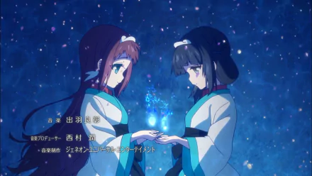 HD desktop wallpaper featuring Miuna Shiodome and Manaka Mukaido from the anime Nagi no Asukara, depicted in a serene night scene, exchanging a glowing light.