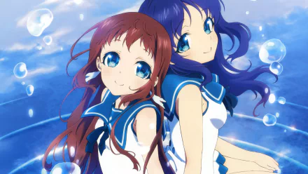 HD desktop wallpaper featuring Chisaki Hiradaira and Manaka Mukaido from the anime Nagi no Asukara, set against a vibrant, watery background with bubbles.