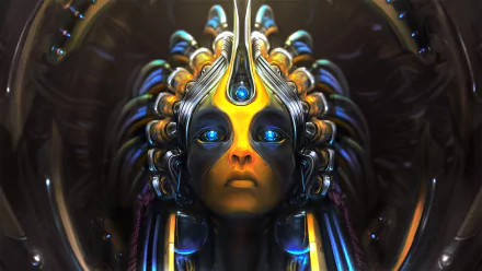 Artistic HD PC desktop wallpaper featuring a futuristic, glowing humanoid figure with intricate metallic headgear and vibrant blue eyes in a detailed sci-fi style.