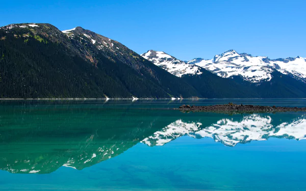 HD desktop wallpaper featuring the clear turquoise waters of Garibaldi Lake reflecting snow-capped mountains under a bright blue sky in a serene nature setting.