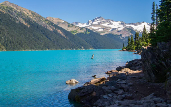 HD PC desktop wallpaper and background: nature scene of Garibaldi Lake — turquoise water, rocky shoreline, evergreen trees and snow-capped peaks under a clear blue sky.